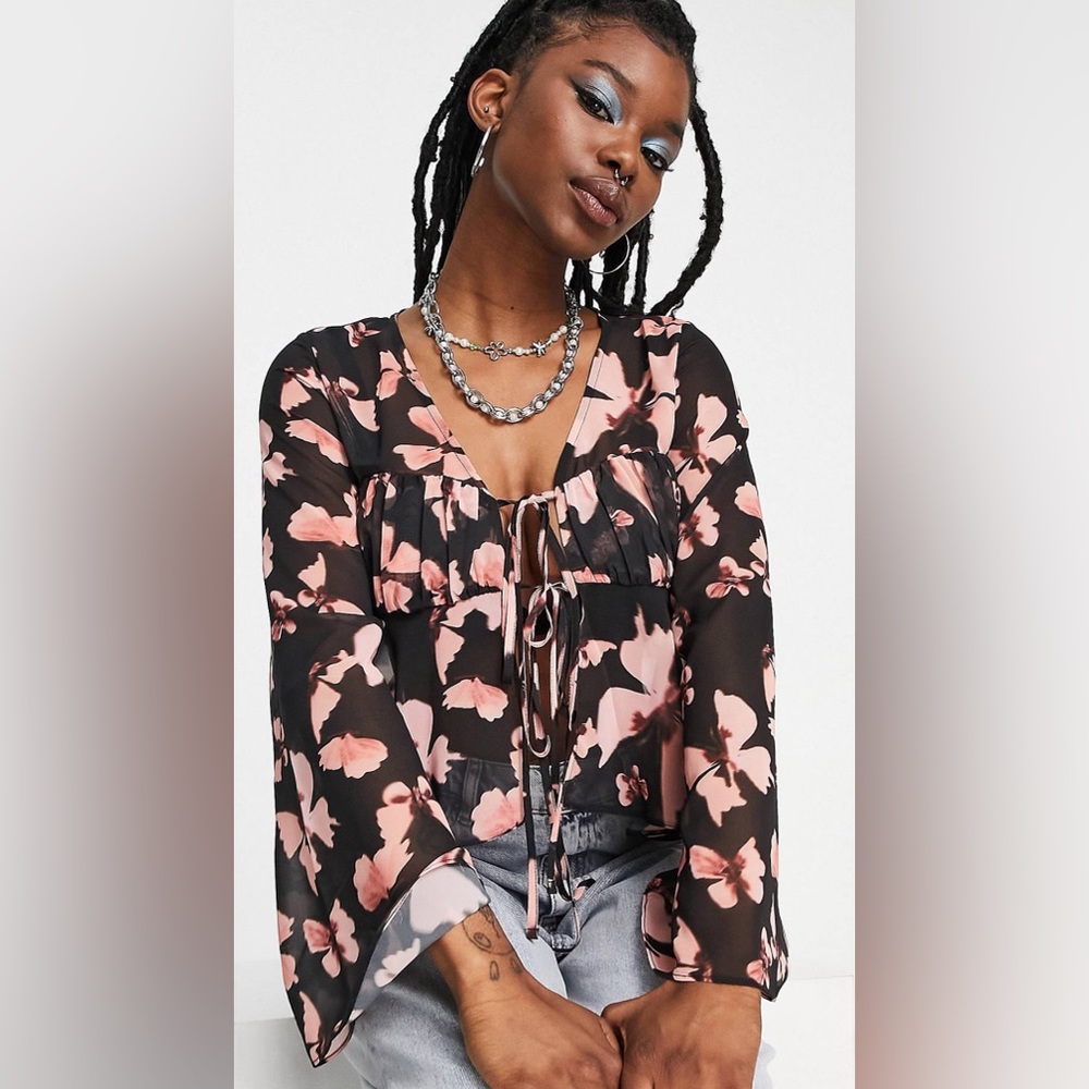volume sleeve sheer blouse with corset bust in butterfly print